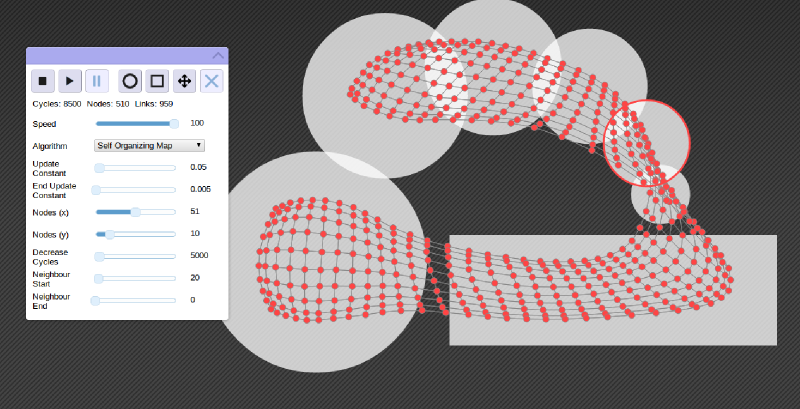 A screenshot of the application at work simulating a Self Organizing Map on a user defined input space